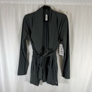 New Marika Jacket Women's Medium Grey Belted Tie Pockets Nylon Blend